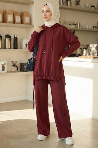 Bestenur Kapüşonlu Tunik Pantolon Takım 1682 - Bordo Bordo
