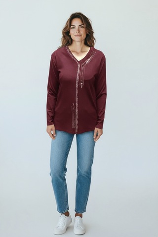 Kadın Önü Kapalı Düğme Detaylı Taşlı Nergis Mevsimlik Bluz Bordo