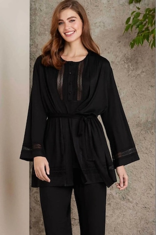 Pierre Cardin 2800 Kadın Penye Dantelli Sabahlıklı Pijama Takım-siyah Siyah
