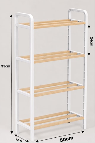 4 Katlı Ahşap Ayakkabılık 50 Cm Ahşap Çubuklu 4 Bölmeli Eko Raf Ünitesi Düzenleyici Ahşap - Beyaz