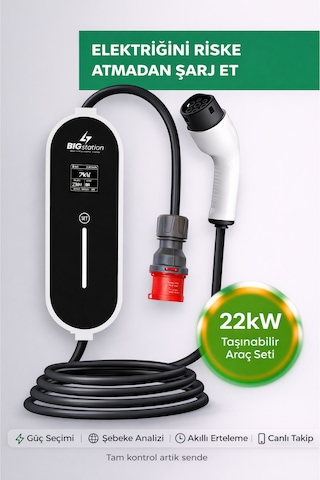 Bıgstation 22kw Taşınabilir Akıllı Ev Ac Şarj Cihazı Wi-fi Destekli 22 Kw Mobil Uygulama 5 Metre Kablolu