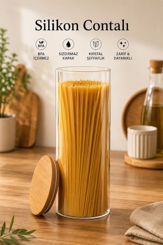 Porsima 12'li Bambu Ahşap Kapaklı Cam Kavanoz Seti 2100 Ml, 1650 Ml, 1300 Ml, 750 Ml Erzak & Baharatlık Bambu - Şeffaf
