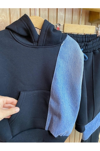 Kot Garnili Çımalı Tarz Kapüşonlu Kız Çocuk Eşofman Takım Siyah