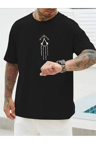 Altamira Erkek Siyah V Dikey Baskılı Oversize Bisiklet Yaka T-shirt 001
