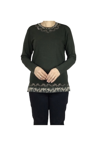 Kadın Yaka Ve Etek Desenli Taşlı Likralı Bluz-arpbattal2 Haki