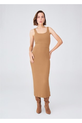 Peraluna Örgülü Kaşmir Karışımlı Kalem Kadın Triko Etek Camel