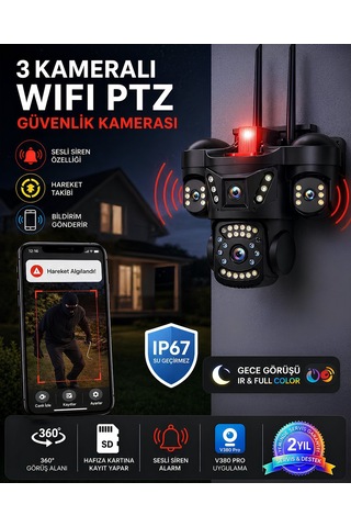 Onqam Onw2363 3 Kameralı Wifi Ptz Güvenlik Kamerası 6mp Ultra Hd 360 Derece Dış Mekan Ip66 Gece Görüşlü