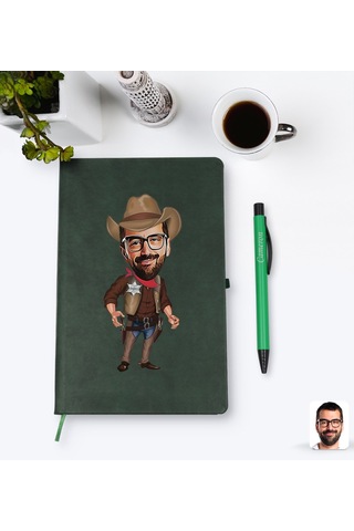 Kişiye Özel Kovboy Karikatürlü Yeşil Termo Deri Defter Kalem Seti N11.839