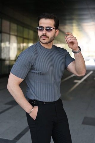 Veraura Lifestyle Erkek Fitilli Bisiklet Yaka Kısa Kollu Tişört Antrasit