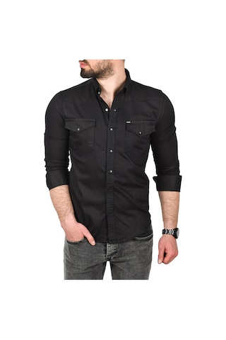 Deepsea Erkek Siyah Slim Fit Pamuklu Cepli Kot Gömlek Çıtçıtlı Uzun Kollu Spor Gömlek 2502503 Siyah