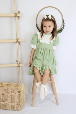 Kız Bebek Ruby Yeşil Fırfırlı Dantel Detaylı Kısa Kollu Elbise Bandana Takım Elb-0070.7 Yeşil