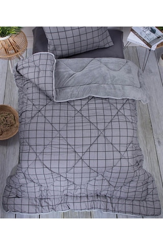 Tek Kişilik Lüx Çift Taraflı Pufidik Desenli Wellsoft Yorgan 155x215 + 1 Adet Yastık Kılıfı Antrasit - Gri