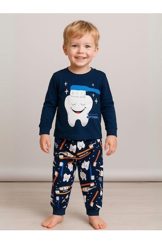 Zekids Erkek Çocuk Pamuklu Diş Baskılı Pijama Takımı-16050 Lacivert