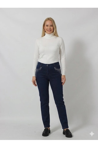 Moda Berray 25-p-005 Cebi Taş Baskılı Yuksel Bel Dar Paça Kot Pantolon Mavi
