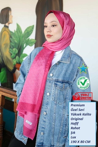 Premium Lux Original Monogram Şal İpek Vual, Yüksek Kalite, Hafif, Rahat, Şık, Tesettür, Shawl Fuşya Şeritli - Logolu