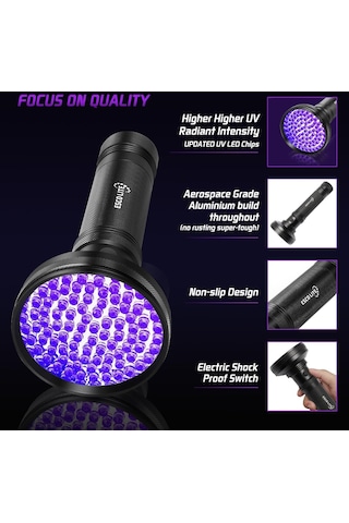 Valkyrie 100 Led 395nm Mor Işık Uv El Feneri - Ultraviyole Siyah Fener - Ev Otel Evcil Hayvan Para Siyah