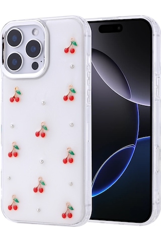 Apple iPhone Uyumlu 16 Pro Max Kılıf Airbag Tasarımlı Simli Şeffaf Kutup Kapak - Kiraz Kiraz Kiraz