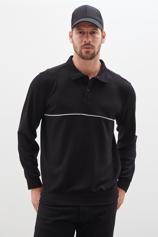 Fullamoda Çizgili Polo Yaka Yarım Düğmeli Sweatshirt Siyah