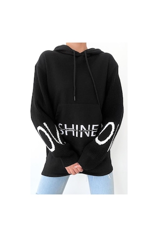 Femelle Siyah Beyaz Shine Yazılı Kollar Örme Triko Detaylı Kanguru Cepli Kapüşonlu Kadın Sweatshirt Hoodie