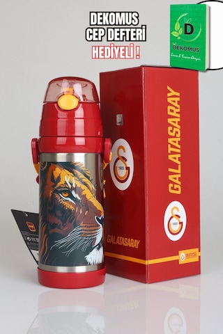 "dekomus Cep Defteri Hediyeli" Lisanslı Galatasaray Leon Askılı Çelik Matara 500 Ml Ahşap