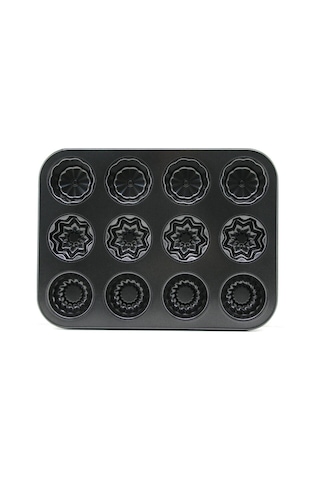 12 Gözlü Metal - Siyah Şekilli Muffin - Kek Kalıp Bx40 26 Cm