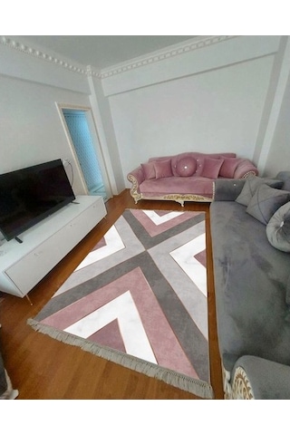 Veranda Kaymaz Tabanlı Yıkanabilir Halı Kilim Yolluk Gri Pembe Gri