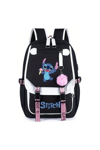 Honeybeeshop Disney Stitch Siyah 2 Büyük Kapasiteli Sırt Çantası Pembe Ve Siyah Tasarım Stitch Lilo İllüstrasyonlu Hafif Polyester Seyahat Çantası Siyah 2