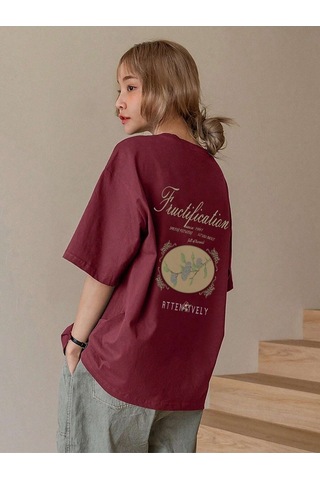 Flood Of Style Kadın Bordo Fructification Baskılı Oversize T-shirt