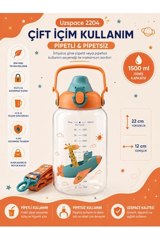 Uzspace 2204 Turuncu 1500 Ml Çift İçim Ölçek Göstergeli Tritan Çocuk Su Matarası