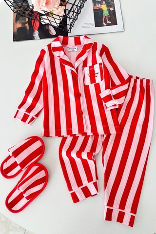 Minigimin Cicileri Çizgi Desenli Terlikli Kız Çocuk Pijama Takımı - Kırmızı