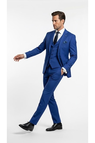 Erkek 3 Parça Slim Fit Takım Elbise Klasik Likralı Kumaş, Tek Düğme, Çift Yırtmaçlı Modern Kesim Ceket Yelek Pantolon Saks