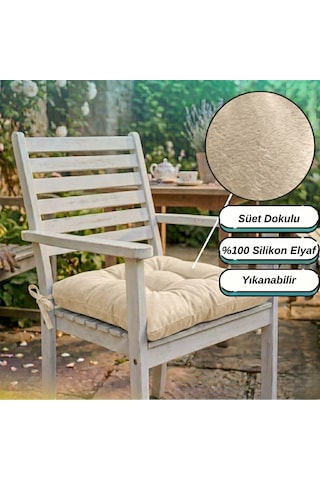4 Adet - 40x40 Cm Lüks Süet Dokulu Bej Sandalye Minderi - %100 Silikon Elyaf Dolgulu Yıkanabilir Minder