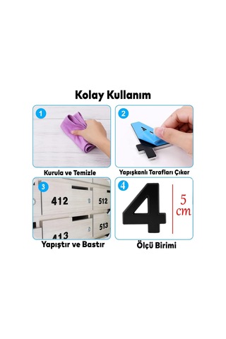 Lexroo Yapışkanlı Kapı Numarası Küçük Boy 50 Mm 5 Cm Numara 4 Rakam Dört Sayı Siyah Renk Numaralar Standart