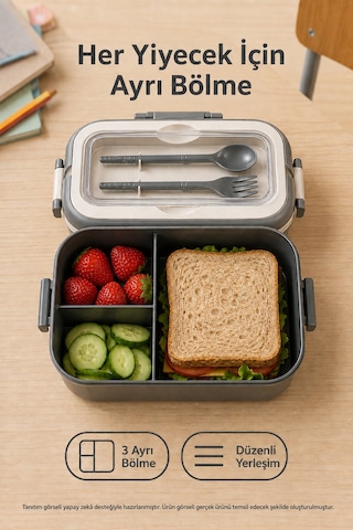 Antrasit 3 Bölmeli Çocuk Beslenme Kutusu Kaşık Çatal Dahil Kilitli Kapaklı Taşıma Saplı Lunch Box