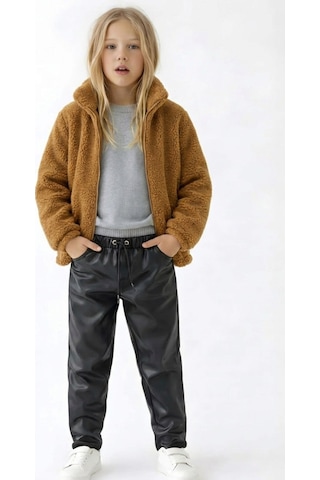 Esila Kids Kız Çocuk Peluş Ceket Fermuarlı Uzun Kollu 4-10 Yaş Bej