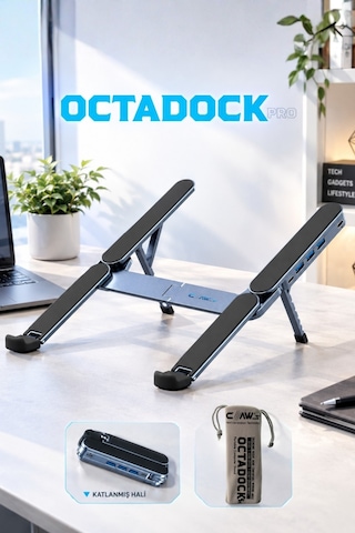 Octadock Pro Ayarlanabilir Katlanabilir Laptop Standı Alüminyum Notebook Standı, 6 Kademeli, Usb Hub Destekli
