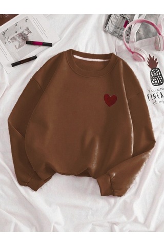 Kırmızı Minimal Kalp Baskılı Sweatshirt - Kahverengi Kalın Kışlık Bisiklet Yaka Kahverengi