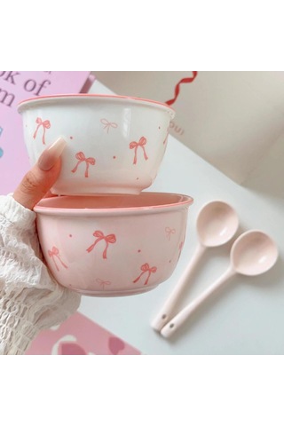 Dondurma Çorbası Pirinç İçin Uygun Benzersiz Renkte Renk Bowknot Deseni İle Pembe Seramik Kase Kaşık Seti Çok Renkli