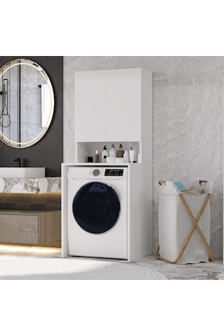 Mobilya Çamaşır Makinesi Dolabı 3 Raflı Kapaklı Banyo Dolabı Beya Beyaz