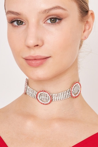Kadın Opalo Model Kırmızı Beyaz Zirkon Taşlı Gümüş Choker Kolye Gri