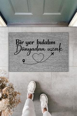 Rugmood Modern Dijital Baskı - Bir Yer Bulalım Dünyadan Uzak - Kapı Önü Paspası Gri