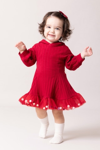 Babymod Kapüşonlu Fiyonklu 100% Pamuk Kız Bebek Elbise Kırmızı