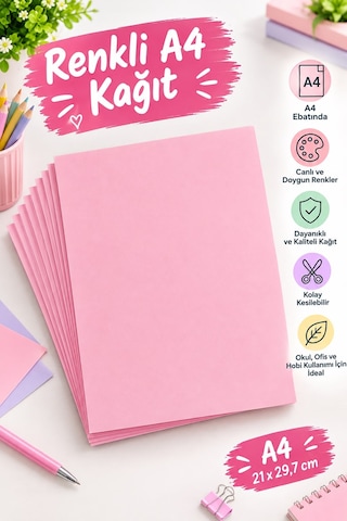 Pembe Renkli Fotokopi Kağıdı A4 100 Adet Renkli Yazıcı Ve Ofis Kağıdı, Okul Ve Hobi Kağıdı
