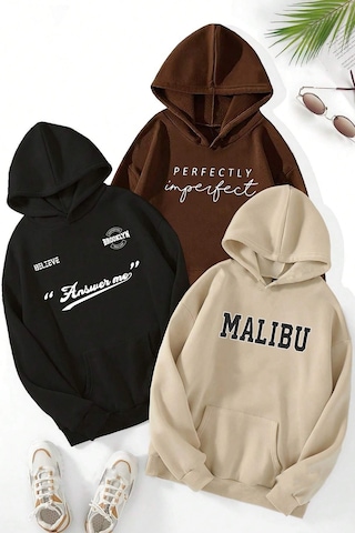 3'lu Paket Baskılı Oversize Sweatshirt Bej