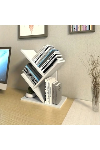 Ağaç 5 Raflı Dekoratif Kitaplık Eğimli Raflı Modern Masaüstü Kitaplık Beyaz Beyaz