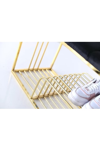 Kapitoneli Kapı Önü Metal Puf Bench Ayakkabılık Mavi