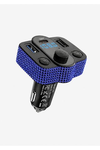 Araç İçi Saks Mavisi Kristal Taşlı Fm Transmitter Bluetooth Usb Type-c Oto Çakmaklık