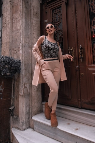 Gülsüm Aydın Kadın Uzun Kollu Krep Üçlü Takım Bej