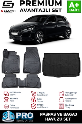 S-dizayn Hyundai İ20 3d Pro Havuzlu Paspas Ve Bagaj Havuzu Seti 2'li Set 2020 Üzeri A+ Kalite