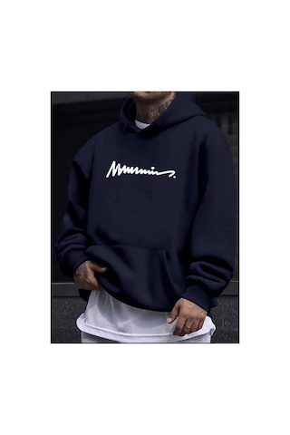 Medinenur Erkek El Yazılı Baskılı Kapüşonlu Sweatshirt Lacivert